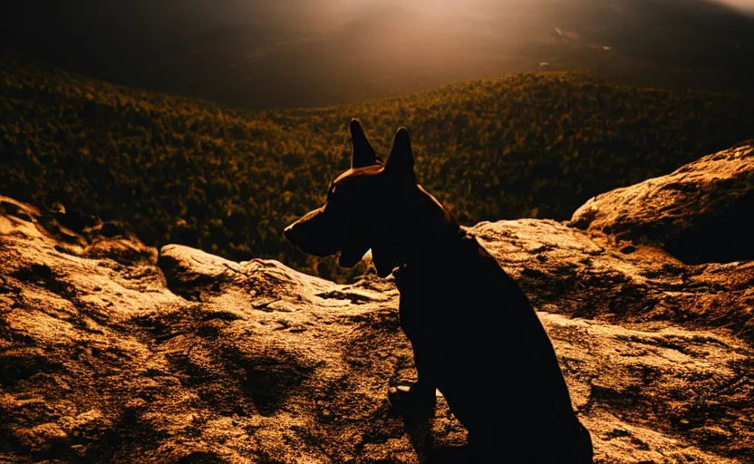 Image similar to movie still of a dog standing on top of a mountain, silhouette, natural light, cinematic lighting, 8 k