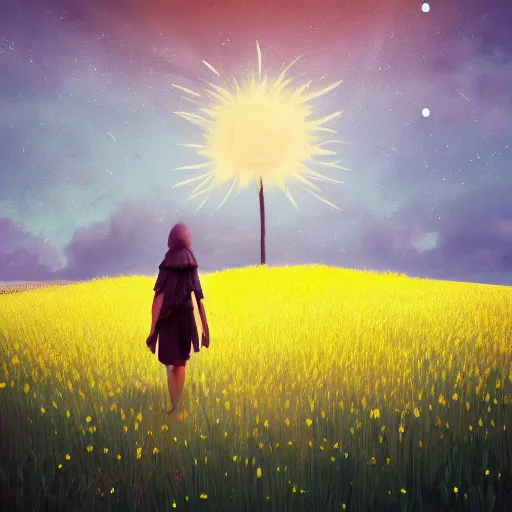 Image similar to giant daisy flower as a head, girl walking in wheat field, hills, surreal photography, moon light, dark night, star trails, dramatic light, impressionist painting, clouds, digital painting, artstation, simon stalenhag