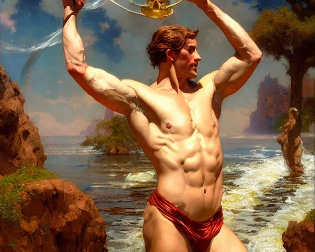 Image similar to muscular magician man, casting water magic. highly detailed glossy matte oil painting by gaston bussiere, craig mullins, j. c. leyendecker, tom of finland