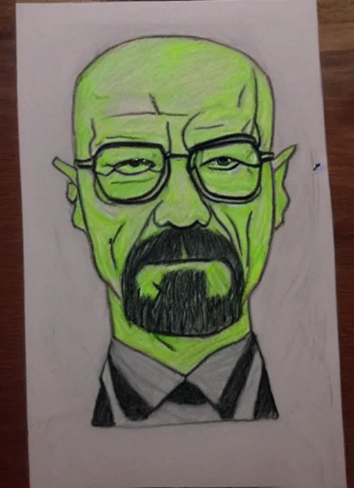 Prompt: bad kid crayon drawing of walter white,