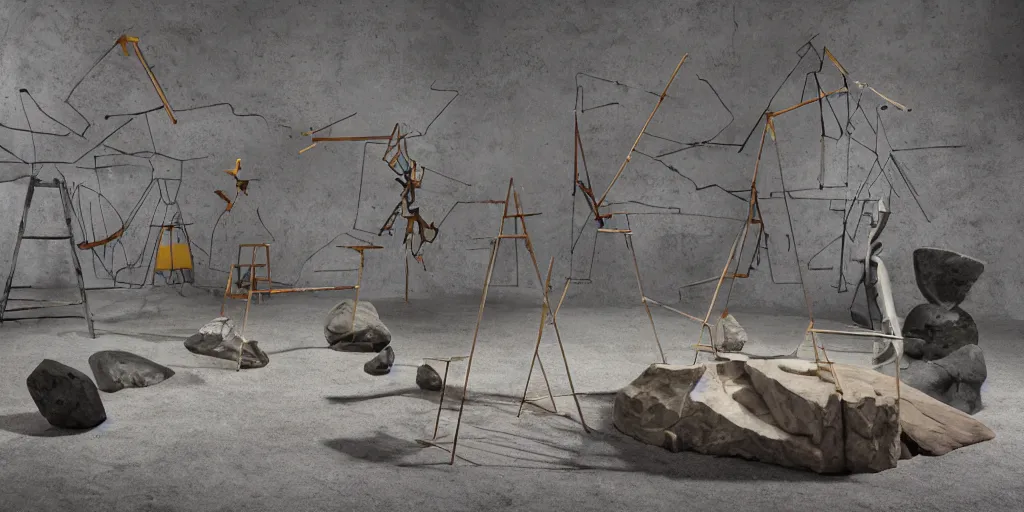 Prompt: small scaffolding and rock sculpture made with steel and metal, wood planks, rock details joints, cinder blocks, bright construction materials, ratchet straps, painting by yves tanguy, by nate boyce, sculpted by david smith, by kay sage, photorealistic, studio lighting, product photography, high octane, higly detailed, made with unreal engine