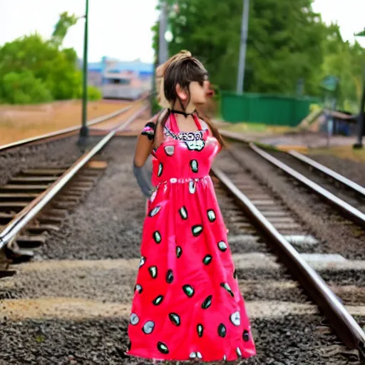 Image similar to hello kitty, wearing a watermelon dress, waiting by the train tracks