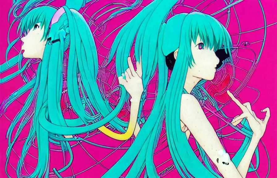 Image similar to hatsune miku by mœbius!!!!!!!!!!!!!!!!!!!!!!!!!!!, overdetailed art, colorful, artistic record jacket design