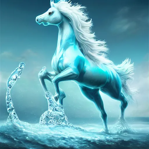 Image similar to a fantastical transparent small turquoise spirit horse made of water and foam and algae and ice, splashing water, wave, translucent, ethereal, noble, radiant, hyperalism, scottish folklore, digital painting, artstation, concept art, smooth, 8 k frostbite 3 engine, ultra detailed, art by artgerm and greg rutkowski and magali villeneuve