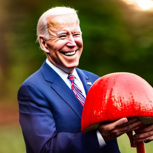 Prompt: portrait photo of Biden finding a giant red mushroom, exhilarated, portrait, closeup. mouth open, 30mm, bokeh