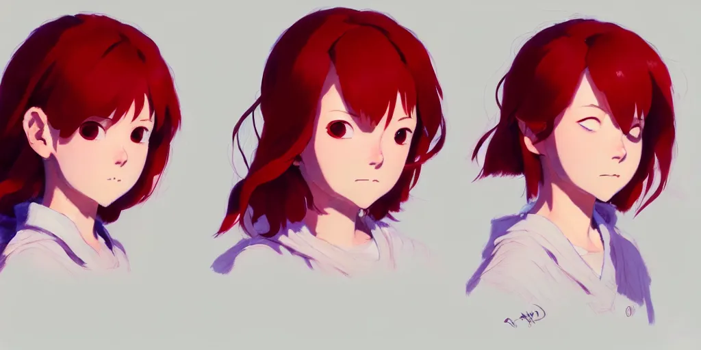 Prompt: a girl, red hair, 3 / 4 nose sketches, looking side, trending on pixiv, painted by greg rutkowski makoto shinkai takashi takeuchi studio ghibli, akihiko yoshida