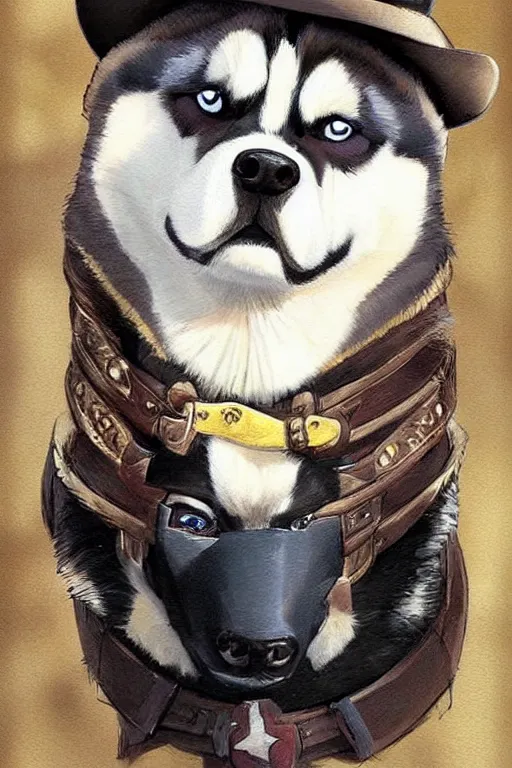 Prompt: a portrait painting of a husky in cowboy costume in the style of anime, character design, a fistful of dollars, per un pugno di dollari, treniding on artstation