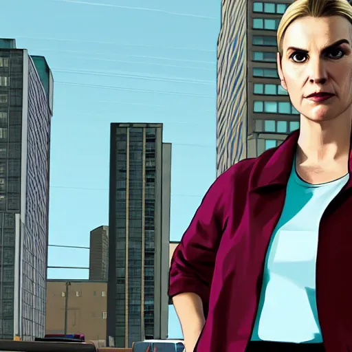 Image similar to Kim Wexler from Better Call Saul as a GTA character portrait, Grand Theft Auto, GTA cover art