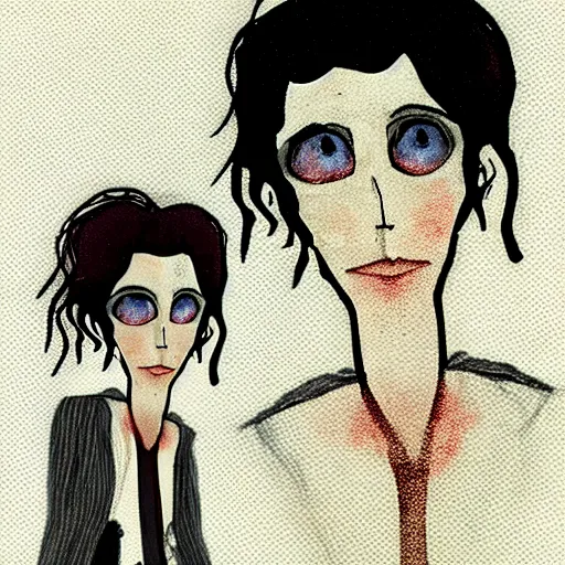 Image similar to young man portrait, black hair, skinny, sleep deprived, corpse bride art style