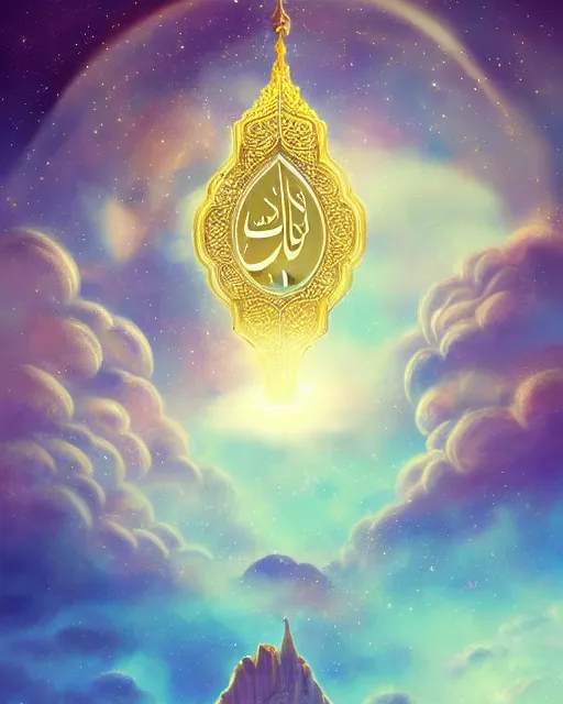 Image similar to the quran descending from the galaxy into clouds highly detailed, gold filigree, romantic storybook fantasy, soft cinematic lighting, award, pastel color palette, featured on artstation, digital art