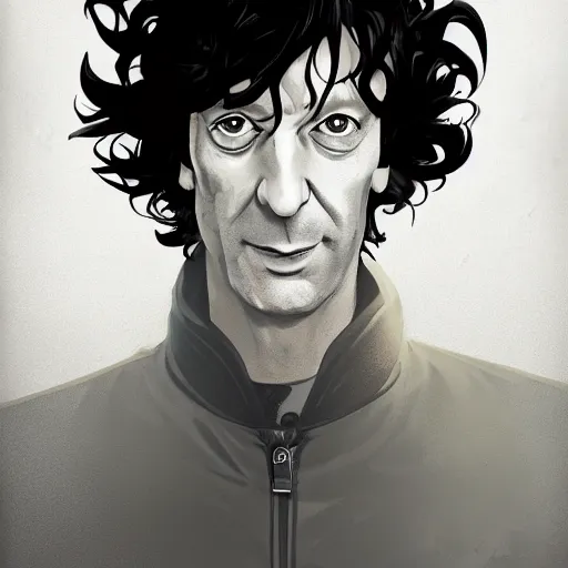 Image similar to closeup portrait of Neil Gaiman as The Sandman, pale skin, long black leather jacket, unruly hair, ambient lighting, 4k, anime key visual, lois van baarle, ilya kuvshinov, rossdraws, artstation