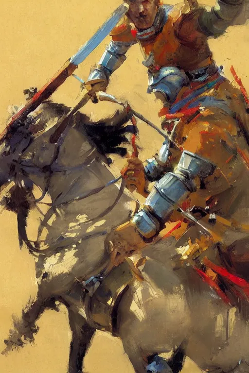 Prompt: close - up portrait of colorful rider pointing jousting lance at camera, caparisons, chainmail, by greg manchess, bernie fuchs, ruan jia, walter everett