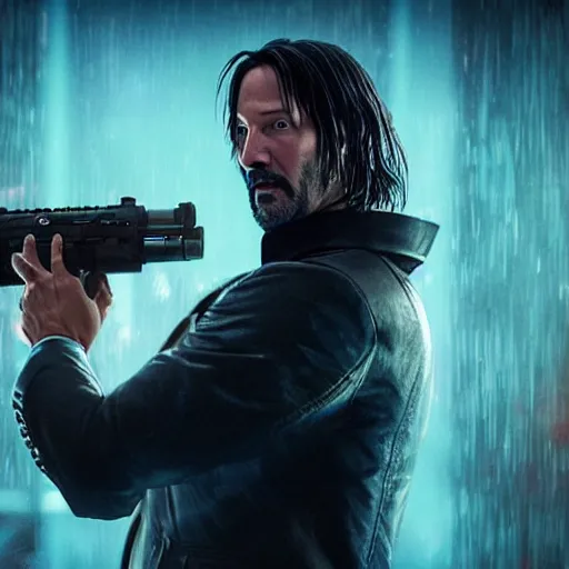 Image similar to Keanu Reaves riding a unicorn thought a HDR neon lit alley, a still shot from John Wick 2, holding a gin, holding an mk-18 at character dressed as Luigi from Mario, epic fantasy style, digital art, 8k high defition