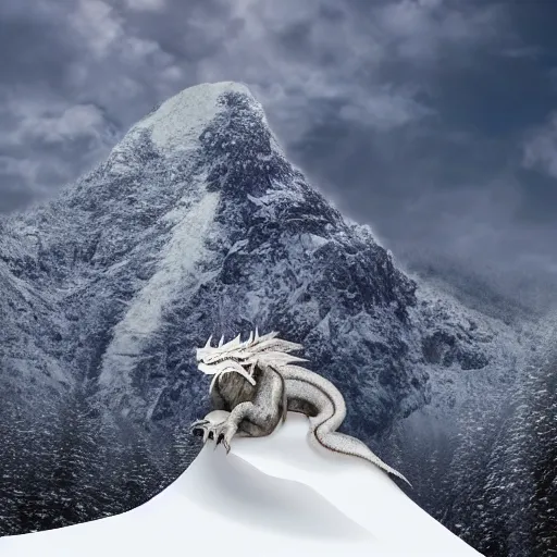 Image similar to Western dragon majestic and powerful resting curled up atop a mountain in the snow. 4k, hyper realistic