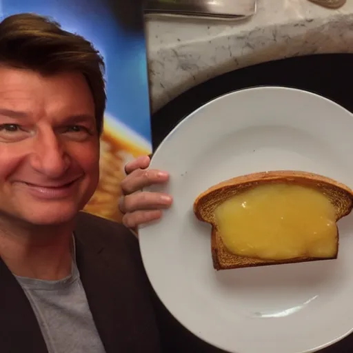 Prompt: a slice of toast with the face of Nathan Fillion