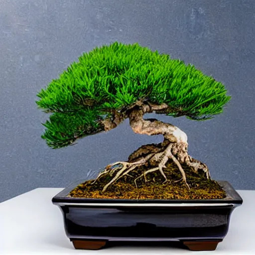 Image similar to bonsai tree, cyprus, in a black pot with white background, viewed from 30 degrees, detailed matte painting