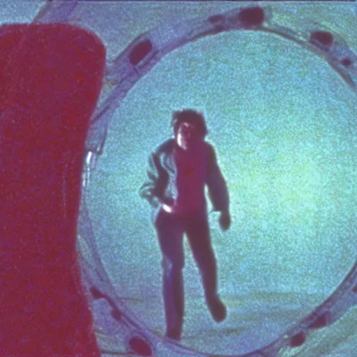 Prompt: a terrified scientist running from a huge slimy alien that came through a particle beam portal. Still frame from 80s horror film.