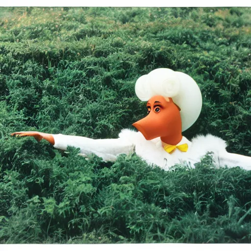 Image similar to glamorous woman with an inflatable nose, long snout, in the hillside, 1974 arthouse film, archival footage, technicolor film