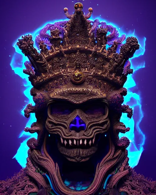 Image similar to 3 d ornate carved dark cosmic king with profile portrait, sigma 5 0 0 mm f / 5. beautiful intricate highly detailed quetzalcoatl skull. bioluminescent, plasma, lava, ice, water, wind, creature, thunderstorm! artwork by tooth wu and wlop and beeple and greg rutkowski, 8 k trending on artstation