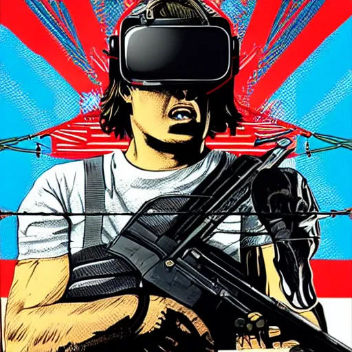 Image similar to Illustrated by Shepard Fairey and H.R. Geiger | Cyberpunk Rambo with VR helmet, surrounded by cables