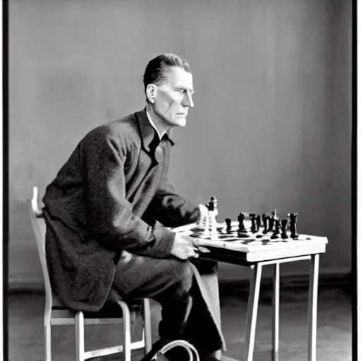 Image similar to ludwig wittgenstein and a robot, playing chess, dramatic angle