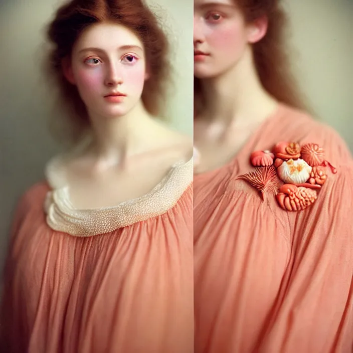 Image similar to Kodak Portra 400, 8K, soft light, volumetric lighting, highly detailed, britt marling style 3/4 ,portrait photo of a beautiful woman how pre-Raphaelites painter, n long elegant intricate ornamental ethereal coral and shells dress, natural skin tone, highly detailed realistic flowers ornament in the upper side of breast, bust with a long beautiful neck , long dark hair are intricate with highly detailed realistic coral and shells, elegant, Realistic, Refined, Highly Detailed, natural outdoor soft pastel lighting colors scheme, outdoor fine art photography, Hyper realistic, photo realistic