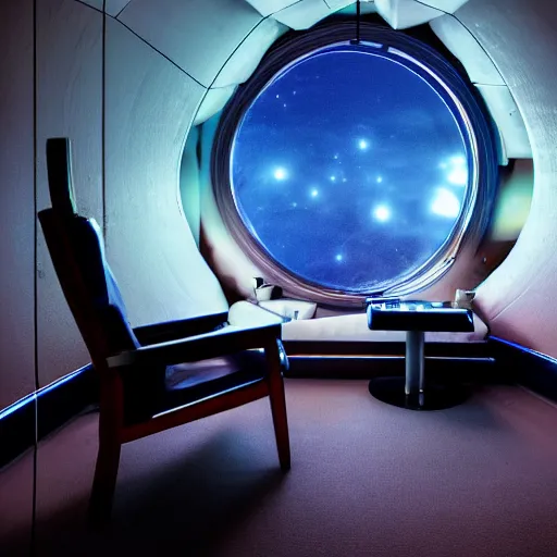 Prompt: a wide-angle photograph of a dark. candle-lit space station futuristic bedroom with a window looking out into space above a cyberpunk recliner