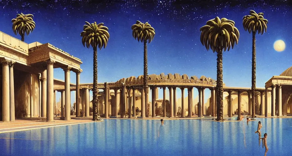 Prompt: a large tiled swimming pool with many palm trees surrounded by roman architecture columns and statues, underneath a star filled night sky, harold newton, zdzislaw beksinski, donato giancola, warm coloured, gigantic pillars and flowers, maschinen krieger, beeple, star trek, star wars, ilm, atmospheric perspective