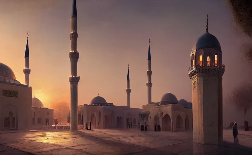 Prompt: painting of a mosque in instanbul at sunset, natural light, concept art, by greg rutkowski, cozy atmospheric and cinematic lighting