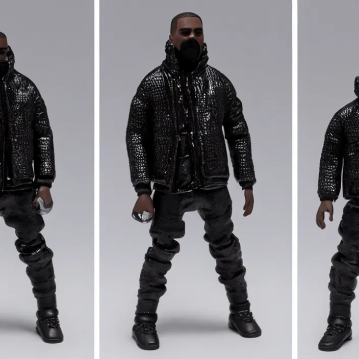 Prompt: a action figure of kanye west using full face - covering black mask with small holes. a small, tight, undersized reflective bright black round puffer jacket made of nylon. a shirt underneath. black jeans pants. a pair of big black rubber boots, figurine, detailed product photo, 4 k, realistic, acton figure, studio lighting, professional photo