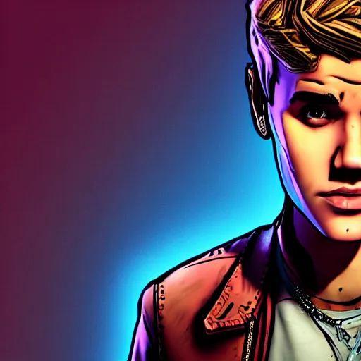 Image similar to justin bieber portrait, borderlands, tales from the borderlands, the wolf among us, comic, cinematic lighting, studio quality, 8 k