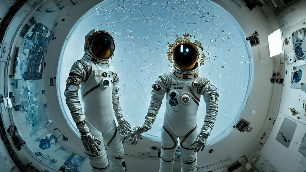 Image similar to a cybernetic symbiosis of a single astronaut eva suit with diamond 3d fractal lace iridescent bubble 3d skin covered with insectoid compound eye camera lenses floats through the living room, film still from the movie directed by Denis Villeneuve with art direction by Salvador Dalí, wide lens,