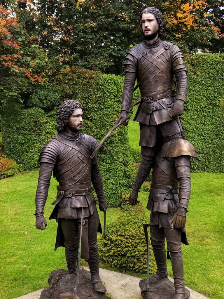 Image similar to detailed photo of old bronze patina statue of jon snow, game of thrones, super highly detailed, full body view, various poses, the garden of a castel in background, photorealism, intricate detail, museum diffuse lighting, autumn sunlights