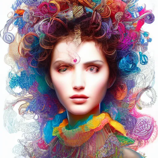 Image similar to the portrait of a ridiculously beautiful and elegant woman partially made of onion rings of all colors, an ultrafine detailed illustration by james jean, final fantasy, intricate linework, bright colors, behance contest winner, vanitas, angular, altermodern, unreal engine 5 highly rendered, global illumination, radiant light, detailed and intricate environment