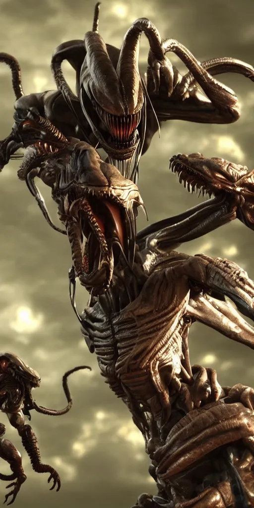 Prompt: baby predator vs baby xenomorph, 3 d rendered, 3 d rendering, dramatic lighting, unreal engine