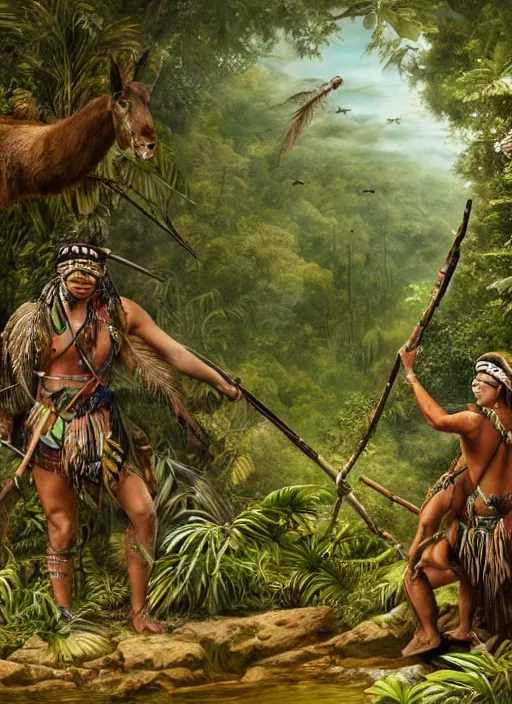 Image similar to two indigenous people hunting together in the jungle, fantasy art, highly detailed, matte painting