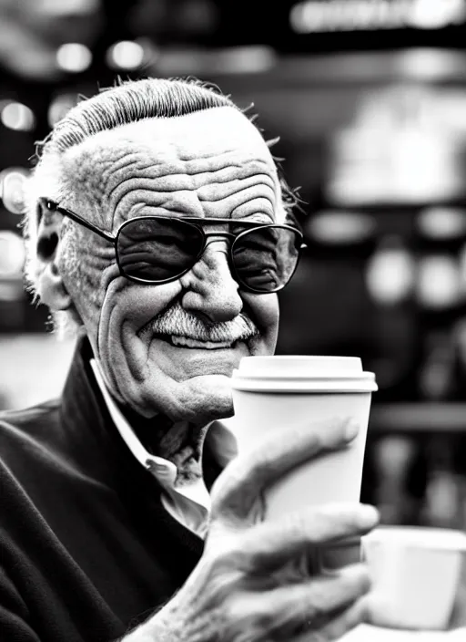 Prompt: stan lee sitting inside a starbucks and taking a picture of his drink cup with his i phone 1 2, black and white photo, real, photorealistic