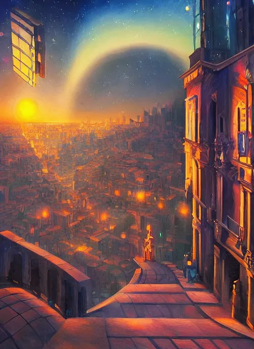 Prompt: ethereal starlit city of magic lost in time at sunset, italian futurism, art station, da vinci, hd, digital painting