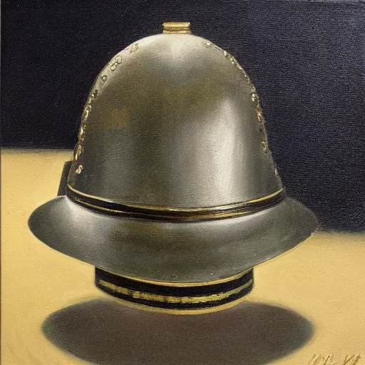 Prompt: still life oil painting of a prussian pickelhaube