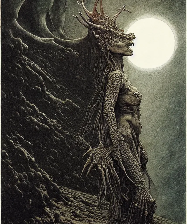 Image similar to A detailed horned crocodilewoman stands among the cosmos. Wearing a ripped mantle, robe. Perfect faces, extremely high details, realistic, fantasy art, solo, masterpiece, art by Zdzisław Beksiński, Arthur Rackham, Dariusz Zawadzki