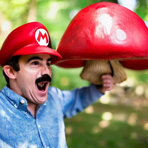 Image similar to photo of real life mario finding a giant mushroom, exhilarated, portrait, closeup. mouth open, 30mm, bokeh