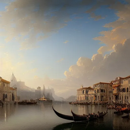 Image similar to a large serene beautiful matte painting of a large venetian harbor upon a calm bay, by asher brown durand and greg rutkowski, featured on artstation, blue and orange color scheme