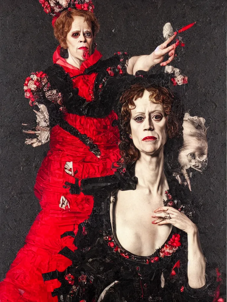 Image similar to Detailed maximalist stunning portrait of Signorney Weaver dressed in a black and red Victorian collar dress, HD mixed media, 3D collage, highly detailed and intricate, masterpiece, award-winning, surreal illustration in the style of Caravaggio, dark art, baroque