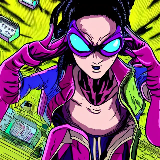 Prompt: a female mutant punk / raver using her mutant electrical powers in the style of akira toriyama in the style of hirohiko araki trending on artstation deviantart pinterest hyper detailed photorealistic highlights and shadow hd 8 k post - processing high resolution in color