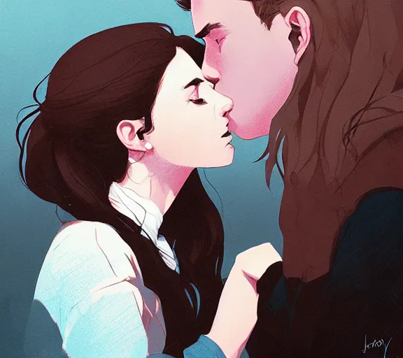 Prompt: portrait of harry kissing hermione by atey ghailan, by greg rutkowski, by greg tocchini, by james gilleard, by joe fenton, by kaethe butcher, dynamic lighting, gradient light blue, brown, blonde cream and white color scheme, grunge aesthetic