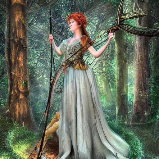 Image similar to fairy tale; forest; goddess of the hunt portrait; Ferdinand Khab; deep woods; warrior woman; archery, Art of Illusion, Artrift, finalRender, Flickr, IMAX, Polycount, r/Art, shadow depth, Sketchfab, Sketchlab, Substance Designer, VRay; trending on r/deepdream; AppGameKit, recursive ray tracing; volumetric lighting; ambient occlusion, Hyper detailed digital matte painting, concept art, hyperrealism, Cinema 4D, 8k resolution, 64 megapixels, bokeh, CGSociety, ZBrush Central, behance HD, hypermaximalist, a masterpiece, 4K, Ukiyo-e, film noir, neon, beautiful, deep colors, bright, amazing, gorgeous, wonderful, great, marvelous, fantastic, magnificent, excellent, fabulous, lovely, astonishing, outstanding, splendid, glorious, mist, by Gustav Klimt and Gustave Doré,