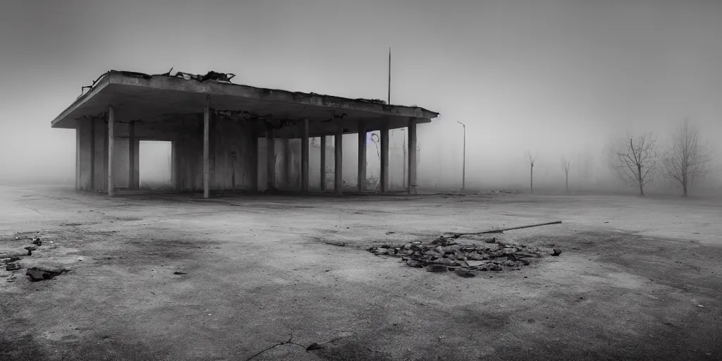 Prompt: a melancholic post-apocalyptic ruins of a gas station, mutants creatures swarming, atmosphere of silent hill, fog, Todd Hido, painted by gerhard richter, painted by Marlene Dumas