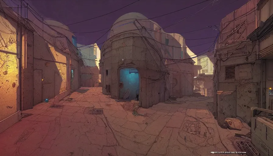 Prompt: an alley of dust 2 map from counter strike global offensive by moebius and kilian eng, atmospheric, fine details, vivid, neon, masterpiece