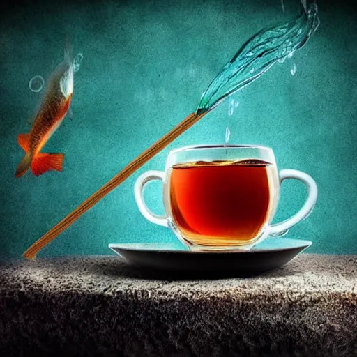 Image similar to photomanipulation of a supernatural fish drinking a cup of tea by a straw.