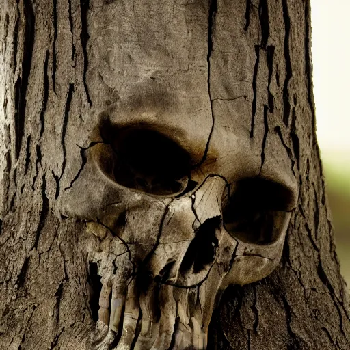 Prompt: a human skull with long, dark tree roots growing from the teeth outstretched like tentacles